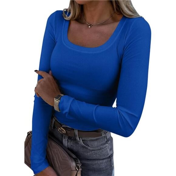 Womens Long Sleeve Scoop Neck Ribbed Knit Top Slim Fitted Casual Basic Shirt - Picture 1 of 7
